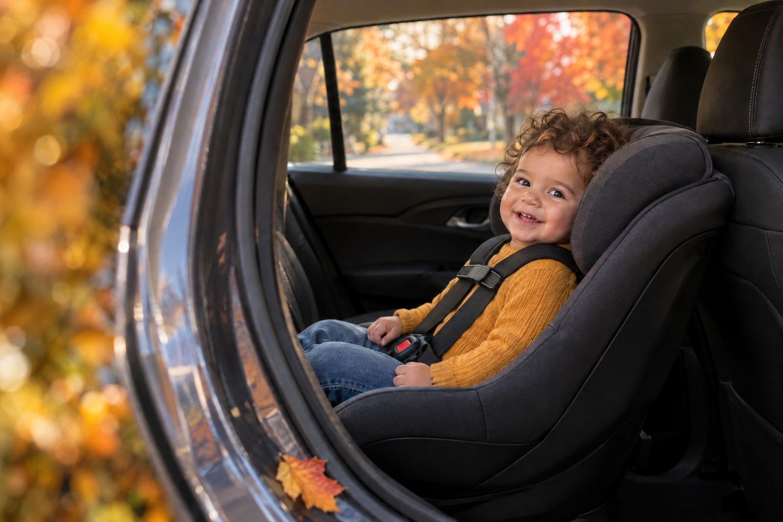 Smiling toddler buckled into a rear-facing car seat, with fall leaves outside the open car door